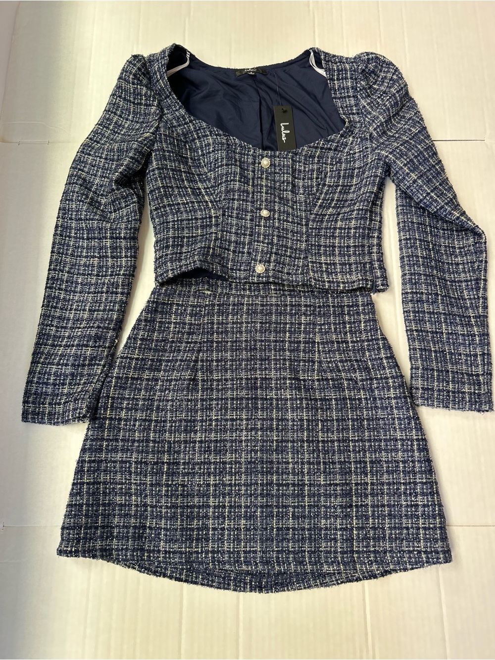 Lulu’s Executive Aesthetic Shiny Navy Blue Pearl Tweed Top and Skirt Set